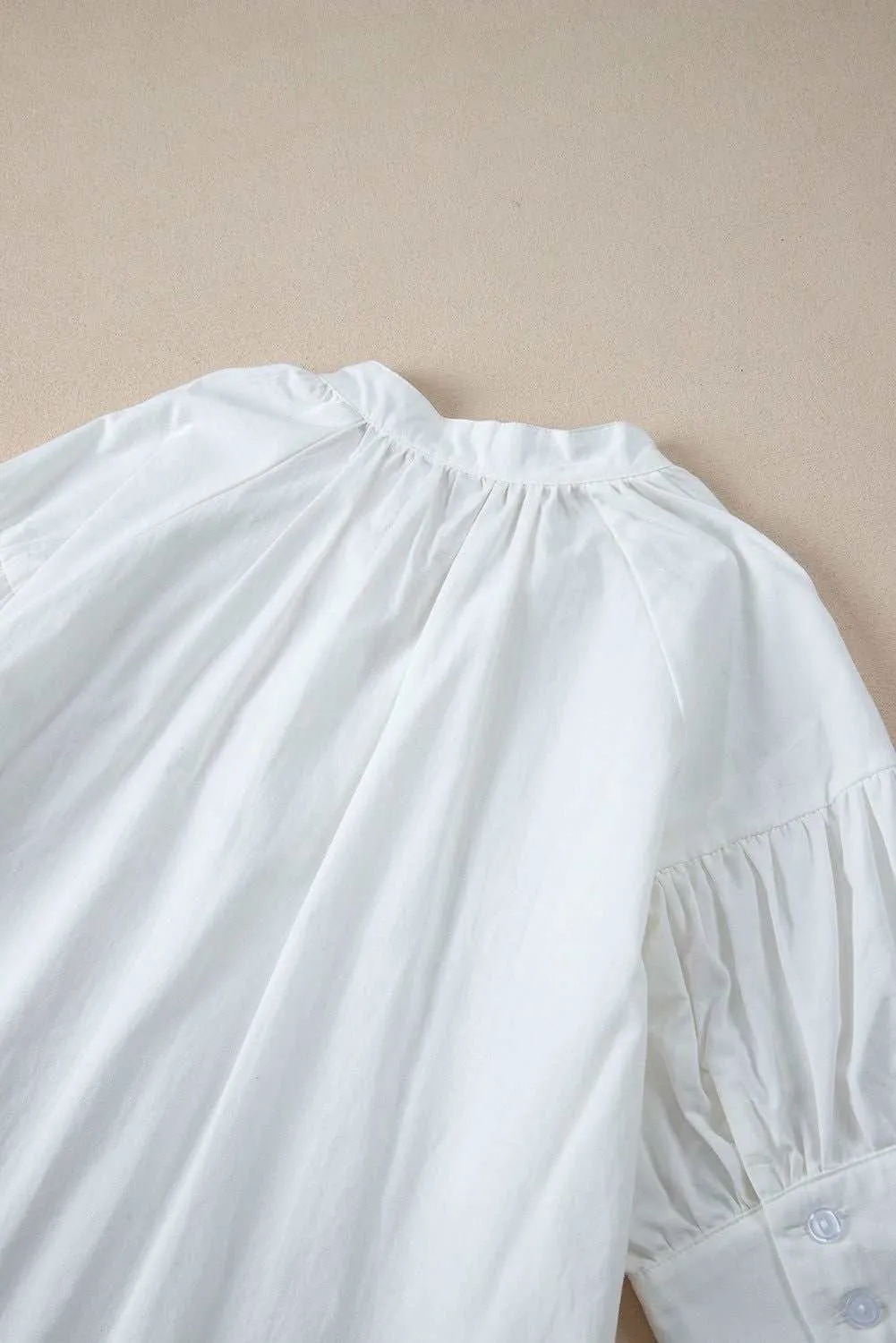 White Solid Color Ruched Bubble Sleeve V Neck Shirt
