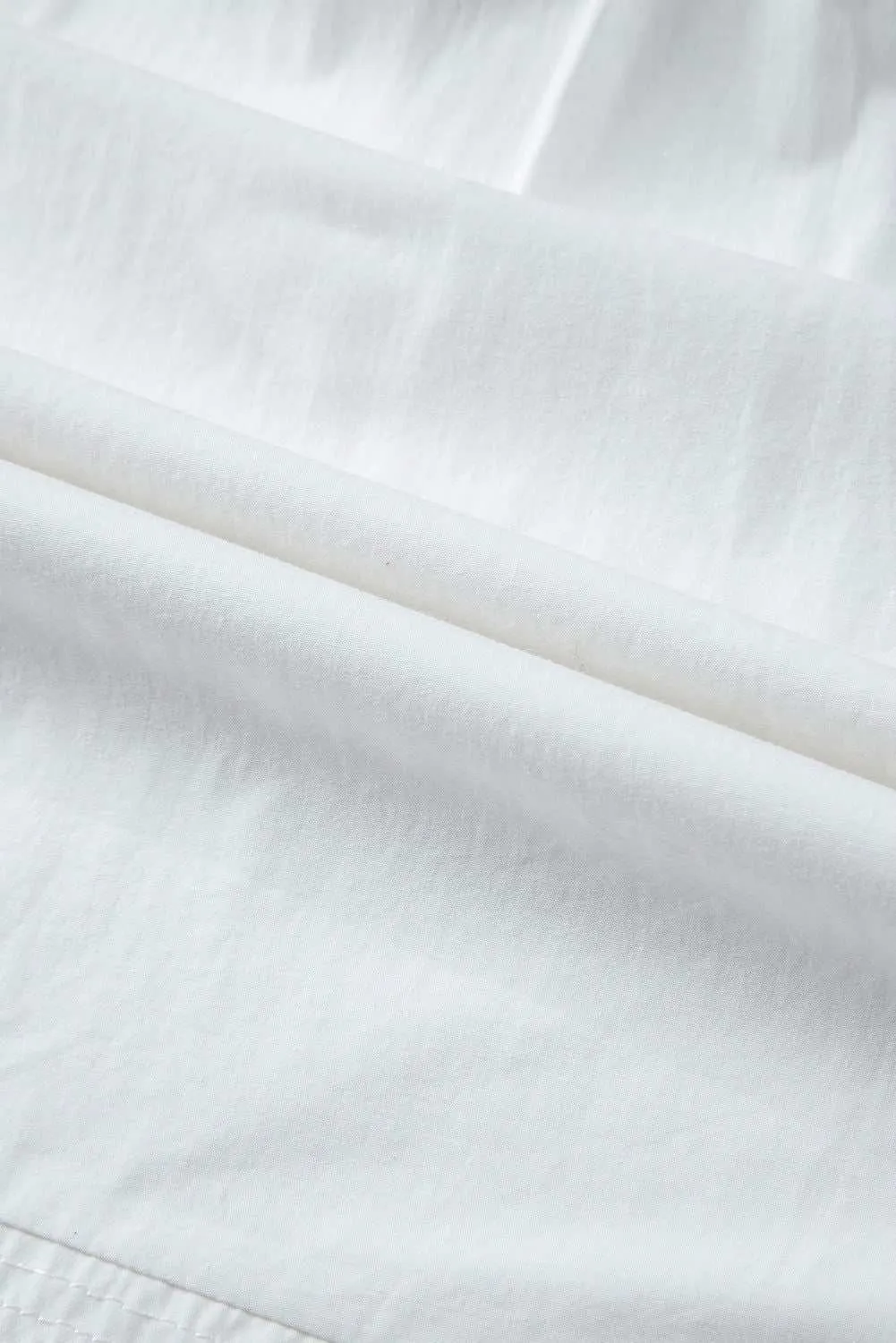 White Solid Color Ruched Bubble Sleeve V Neck Shirt