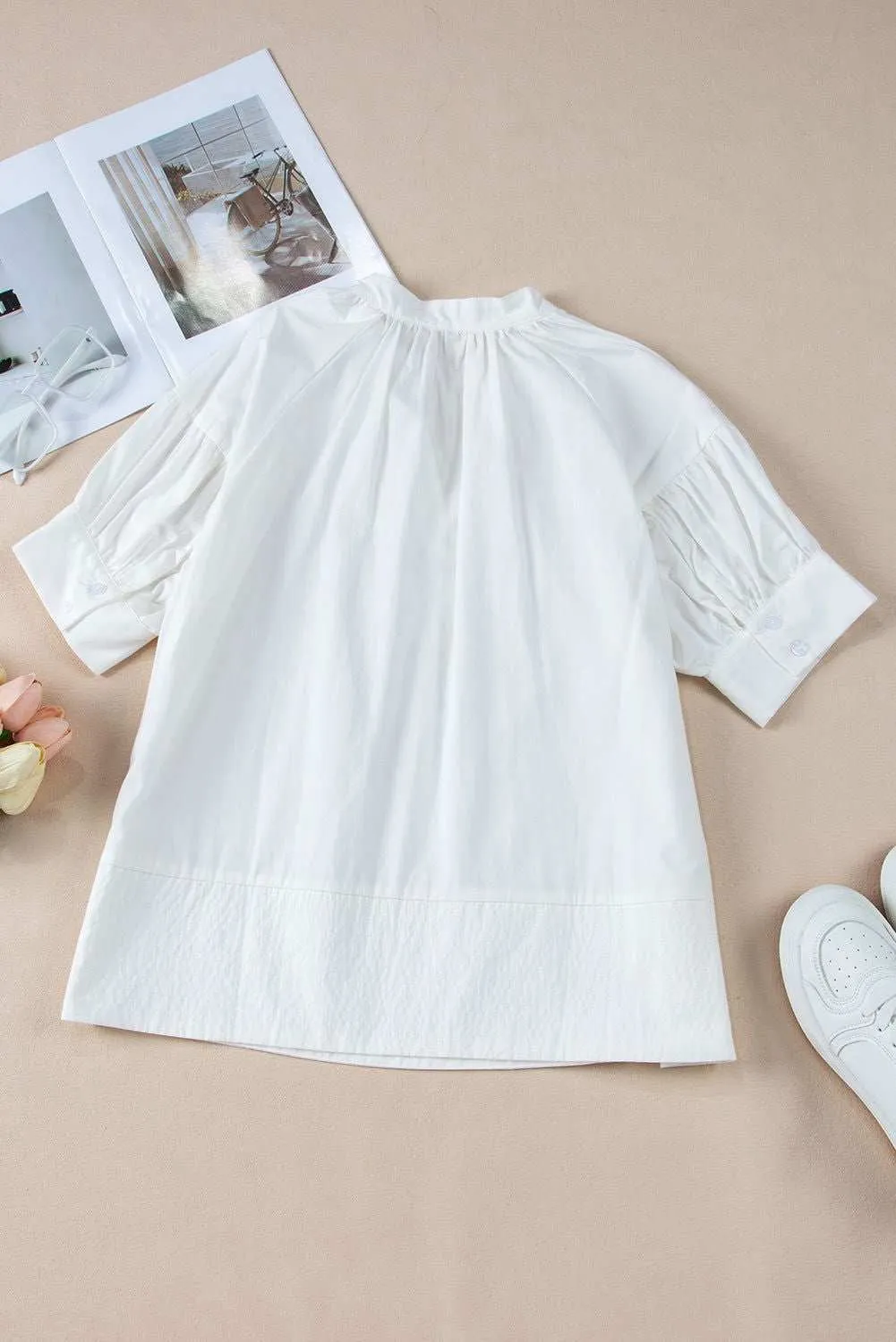 White Solid Color Ruched Bubble Sleeve V Neck Shirt