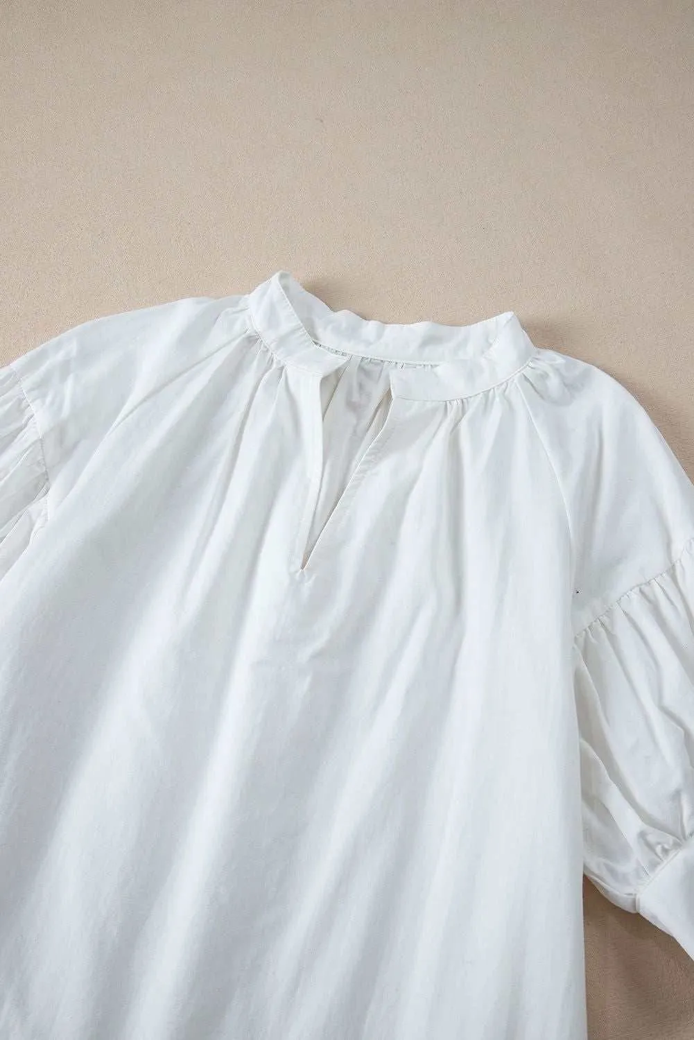 White Solid Color Ruched Bubble Sleeve V Neck Shirt