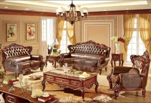Wooden Twist Royal Antique Brown Hand Carved Teak Wood Sofa Set 3 1 1