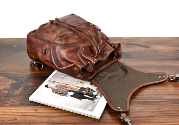 YAAGLE Men's Vegetable Tanned Leather Drawstring Flap Backpack YG9003